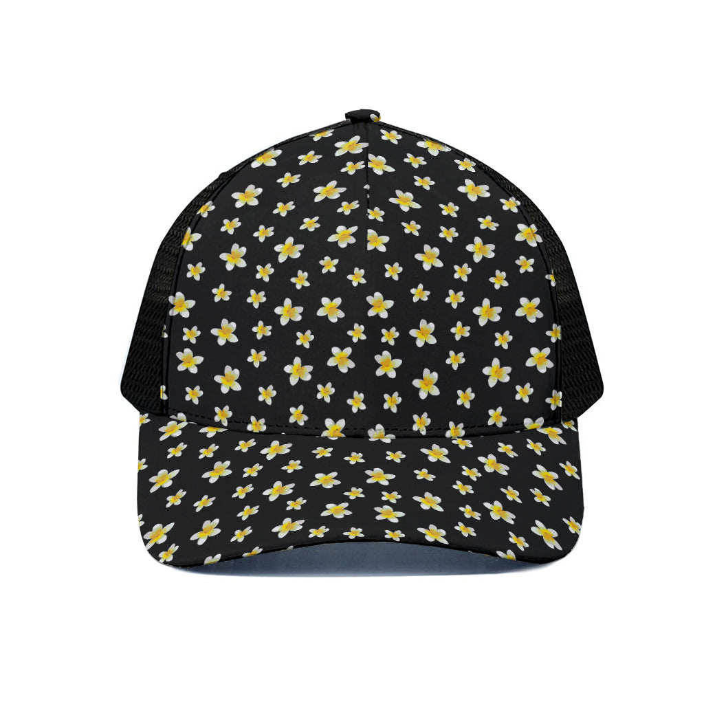 Black Plumeria Flower Pattern Print Black Mesh Trucker Cap