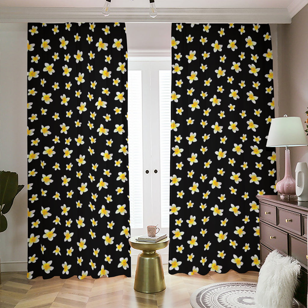 Black Plumeria Flower Pattern Print Blackout Pencil Pleat Curtains