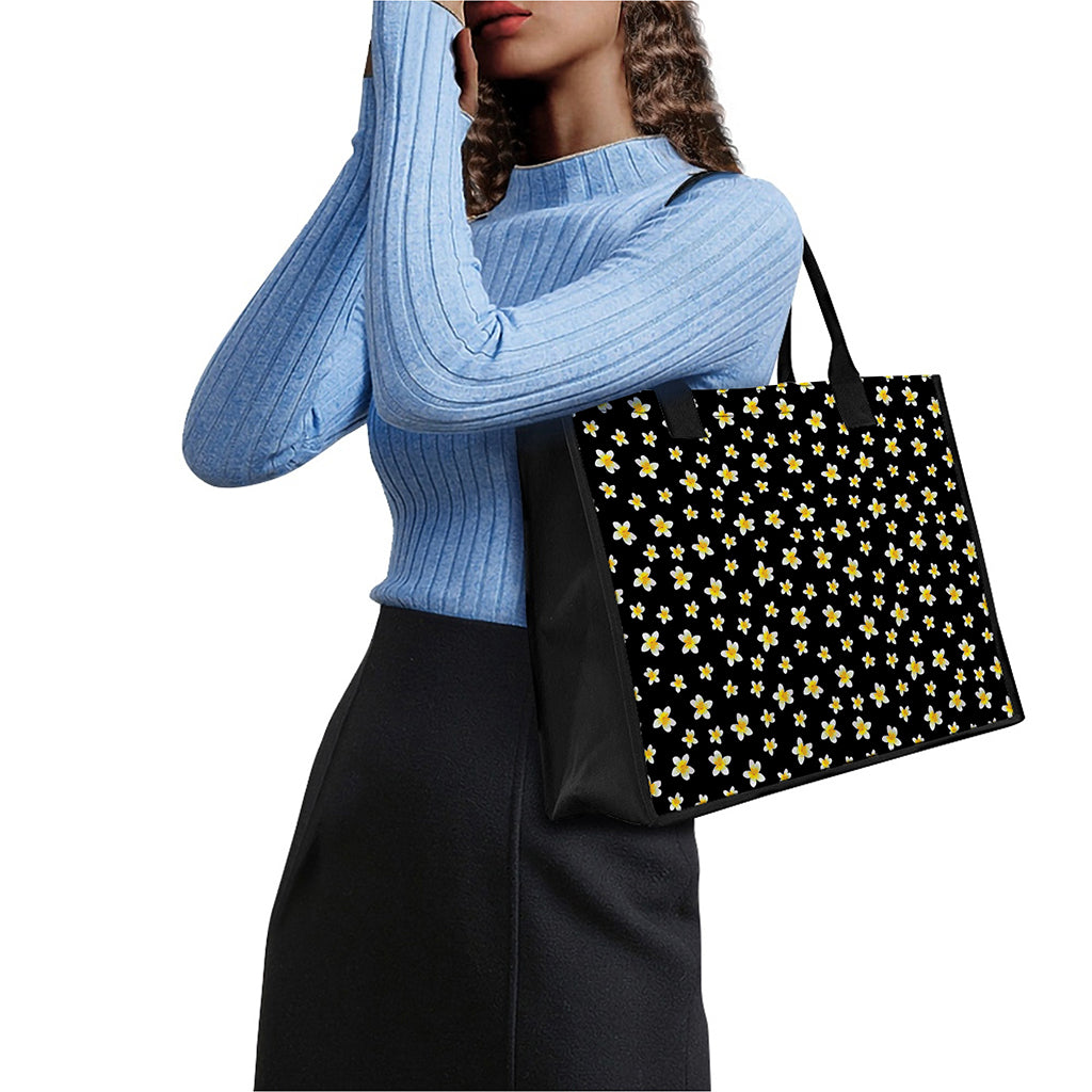 Black Plumeria Flower Pattern Print Canvas Tote Bag