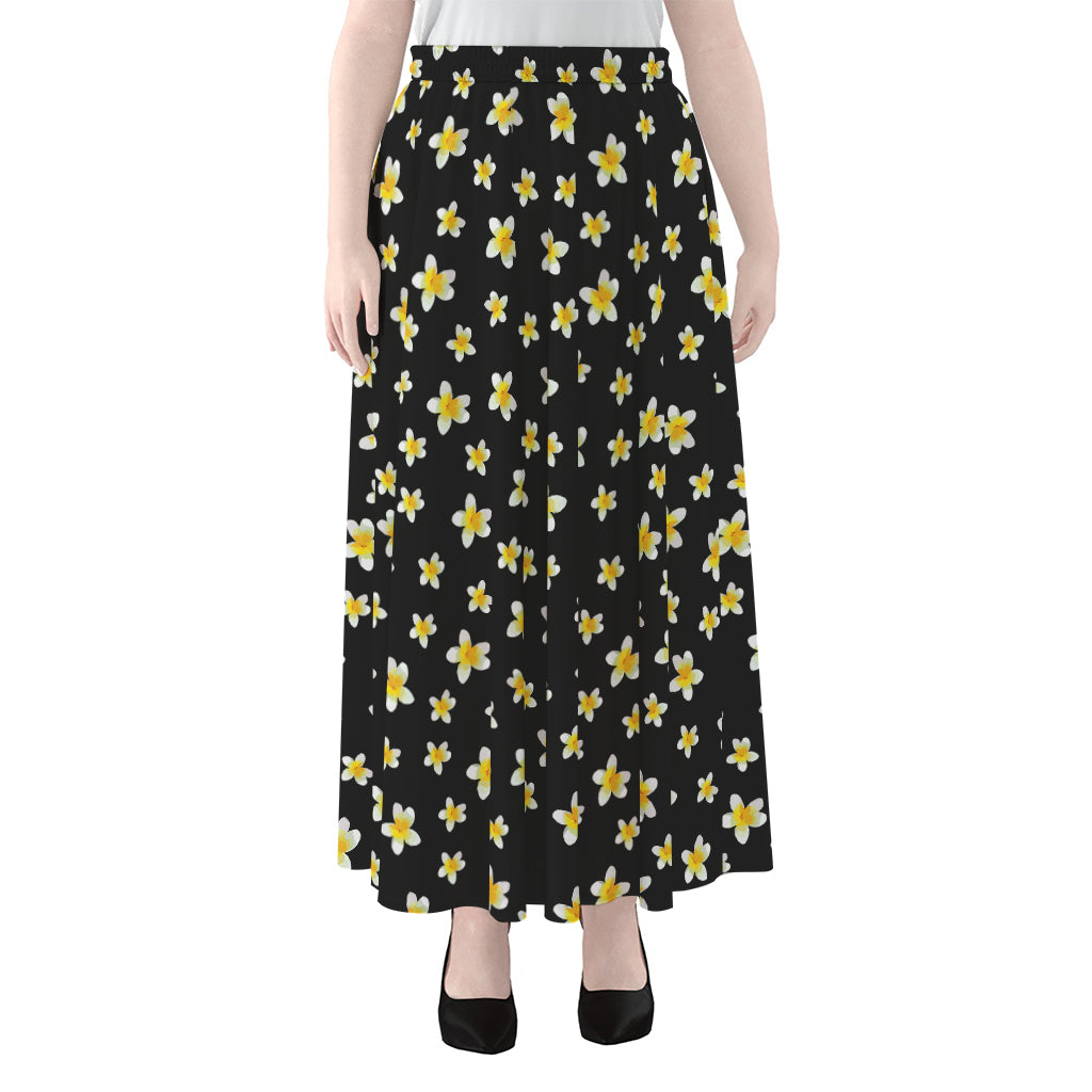 Black Plumeria Flower Pattern Print Chiffon Maxi Skirt