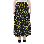 Black Plumeria Flower Pattern Print Chiffon Maxi Skirt