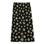 Black Plumeria Flower Pattern Print Cotton Front Slit Maxi Skirt