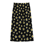 Black Plumeria Flower Pattern Print Cotton Front Slit Maxi Skirt