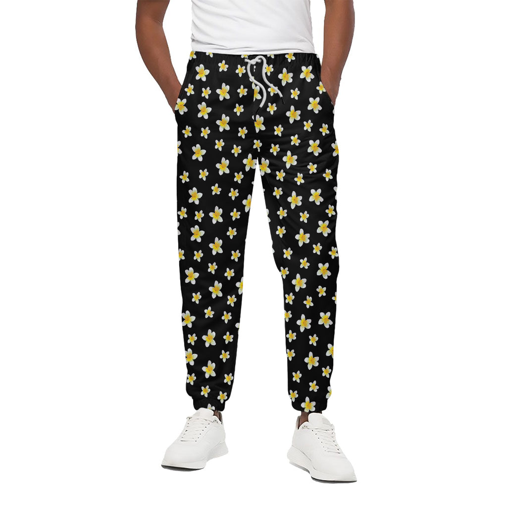 Black Plumeria Flower Pattern Print Cotton Pants