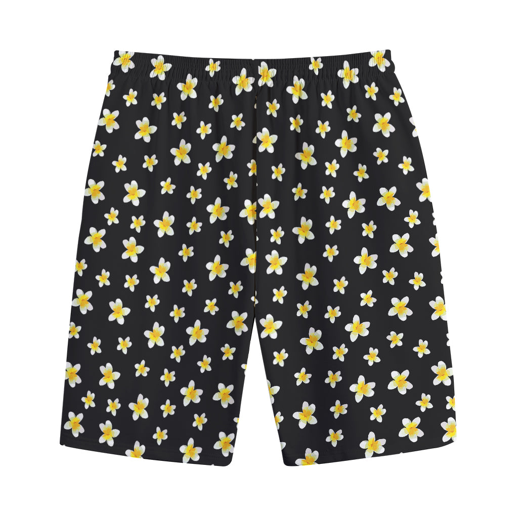 Black Plumeria Flower Pattern Print Cotton Shorts