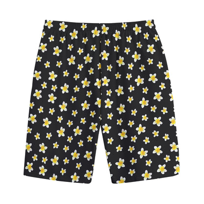 Black Plumeria Flower Pattern Print Cotton Shorts