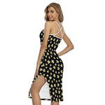 Black Plumeria Flower Pattern Print Cross Back Cami Dress