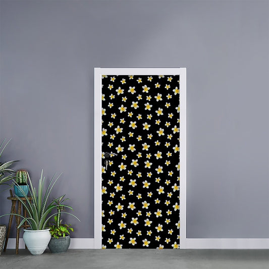 Black Plumeria Flower Pattern Print Door Sticker