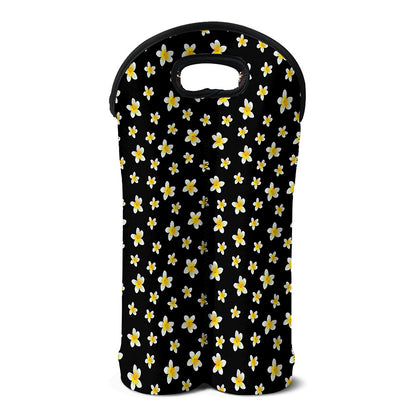 Black Plumeria Flower Pattern Print Double Neoprene Wine Tote
