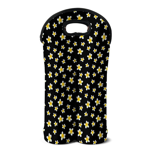 Black Plumeria Flower Pattern Print Double Neoprene Wine Tote