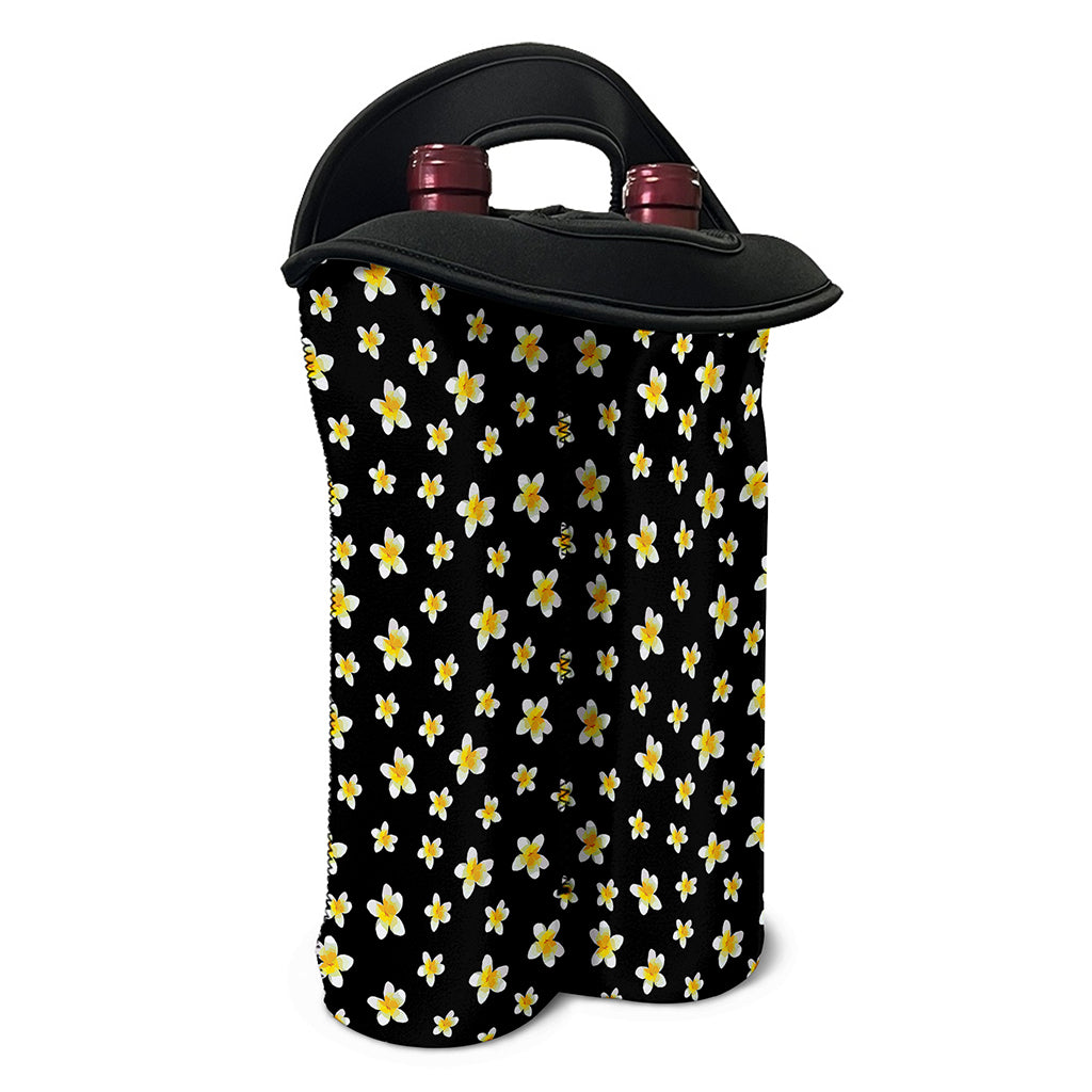 Black Plumeria Flower Pattern Print Double Neoprene Wine Tote