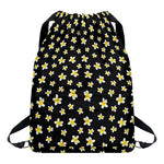 Black Plumeria Flower Pattern Print Drawstring Backpack