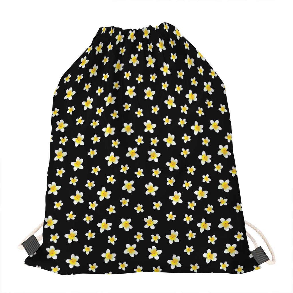 Black Plumeria Flower Pattern Print Drawstring Bag