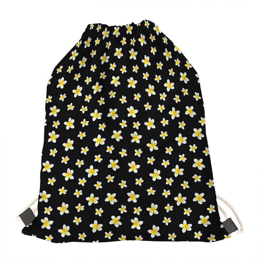 Black Plumeria Flower Pattern Print Drawstring Bag