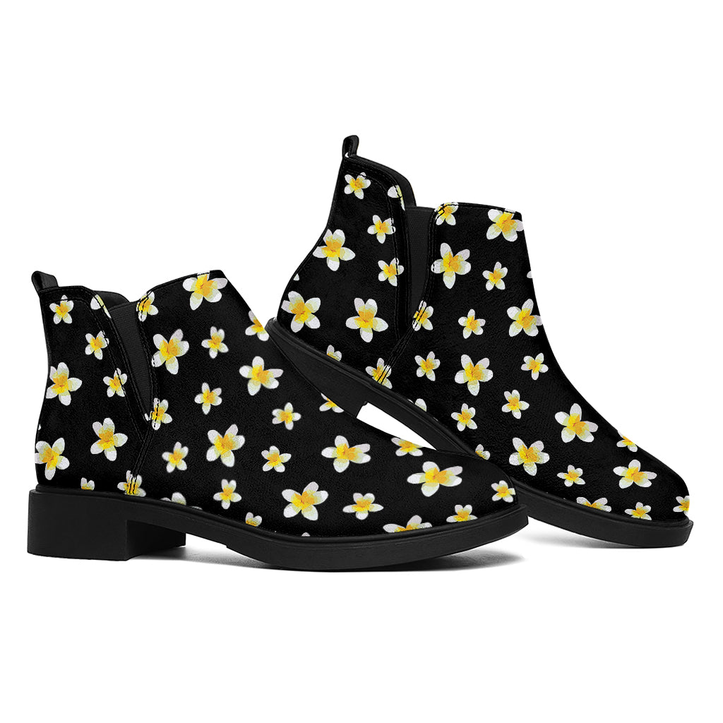 Black Plumeria Flower Pattern Print Flat Ankle Boots