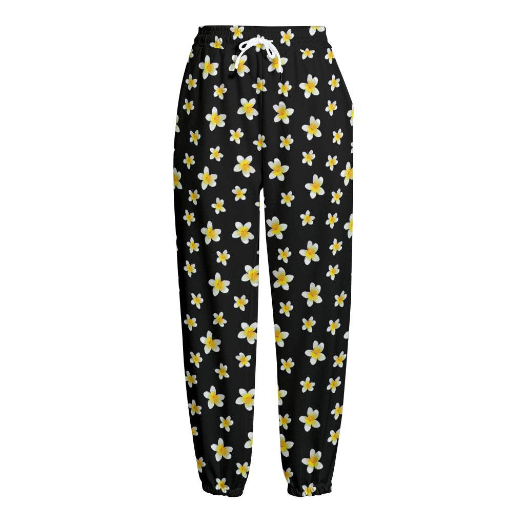 Black Plumeria Flower Pattern Print Fleece Lined Knit Pants