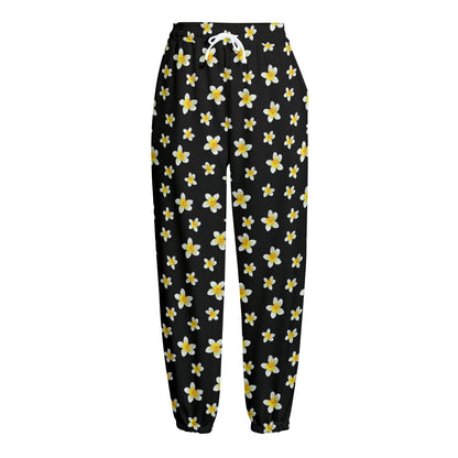 Black Plumeria Flower Pattern Print Fleece Lined Knit Pants