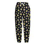 Black Plumeria Flower Pattern Print Fleece Lined Knit Pants