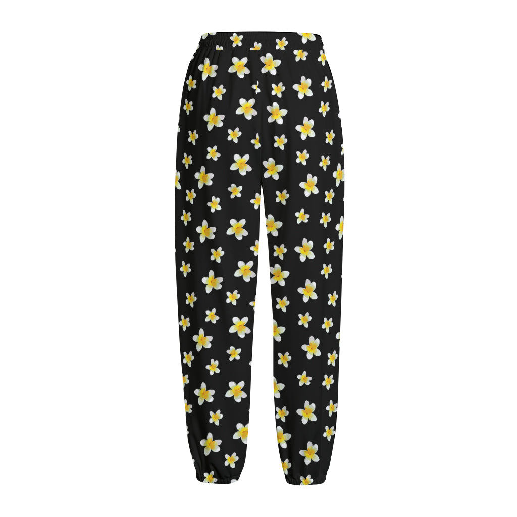 Black Plumeria Flower Pattern Print Fleece Lined Knit Pants