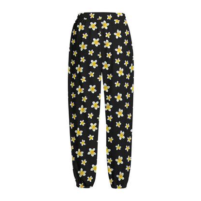 Black Plumeria Flower Pattern Print Fleece Lined Knit Pants