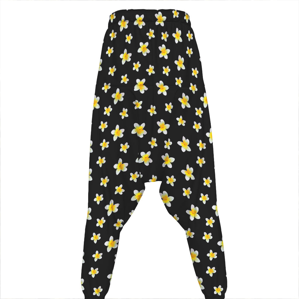 Black Plumeria Flower Pattern Print Hammer Pants