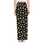 Black Plumeria Flower Pattern Print High Slit Maxi Skirt