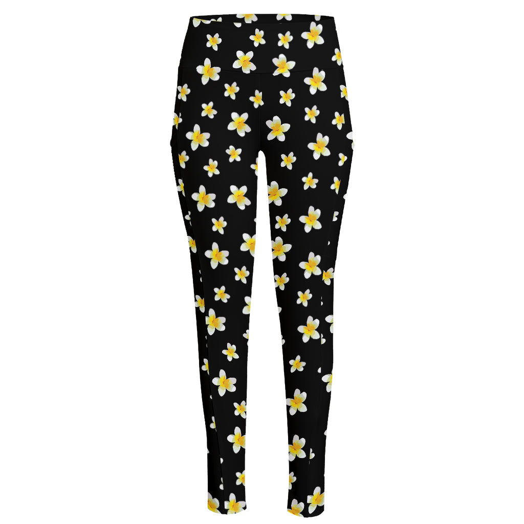 Black Plumeria Flower Pattern Print High-Waisted Pocket Leggings