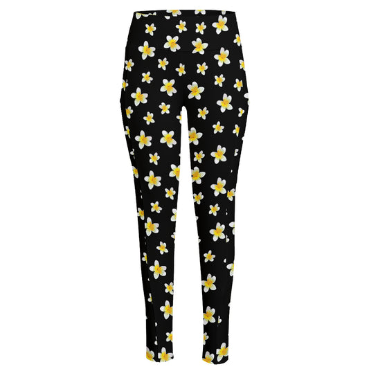 Black Plumeria Flower Pattern Print High-Waisted Pocket Leggings