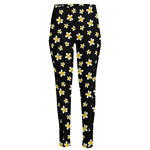 Black Plumeria Flower Pattern Print High-Waisted Pocket Leggings