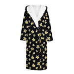 Black Plumeria Flower Pattern Print Hooded Bathrobe