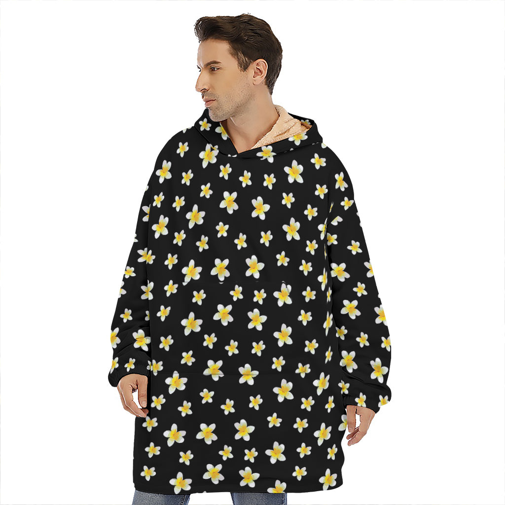 Black Plumeria Flower Pattern Print Hoodie Blanket