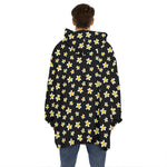 Black Plumeria Flower Pattern Print Hoodie Blanket