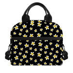 Black Plumeria Flower Pattern Print Insulated Lunch Bag