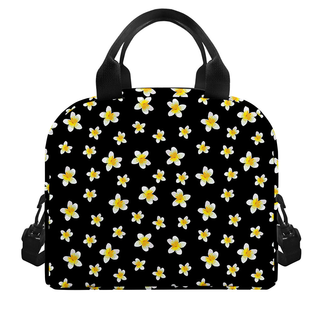 Black Plumeria Flower Pattern Print Insulated Lunch Bag