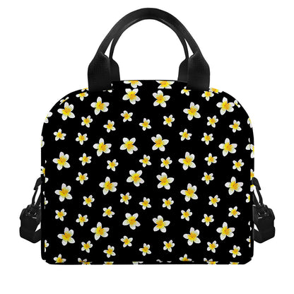 Black Plumeria Flower Pattern Print Insulated Lunch Bag