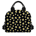 Black Plumeria Flower Pattern Print Insulated Lunch Bag