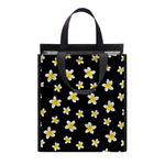 Black Plumeria Flower Pattern Print Insulated Lunch Tote