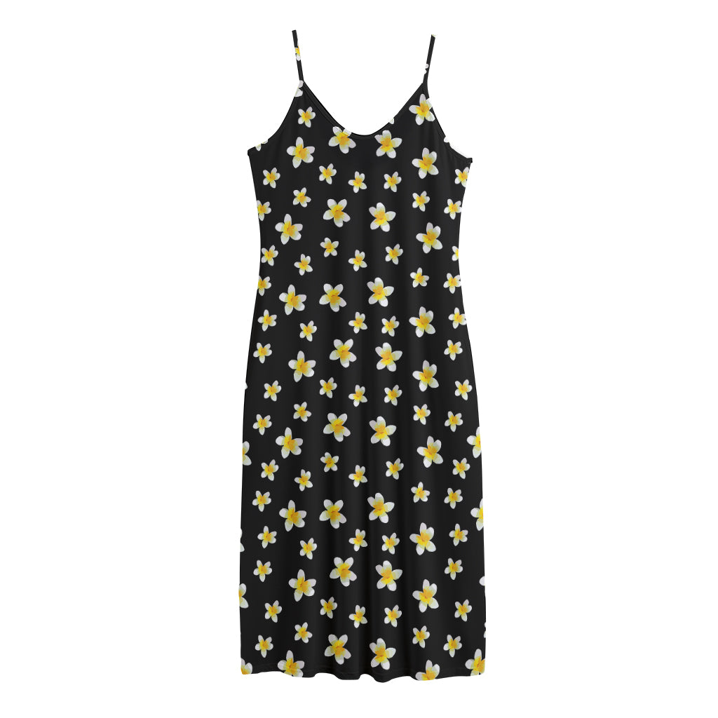Black Plumeria Flower Pattern Print Jersey Midi Cami Dress