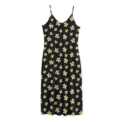 Black Plumeria Flower Pattern Print Jersey Midi Cami Dress