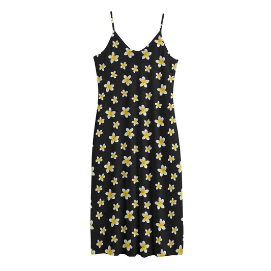 Black Plumeria Flower Pattern Print Jersey Midi Cami Dress