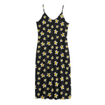 Black Plumeria Flower Pattern Print Jersey Midi Cami Dress