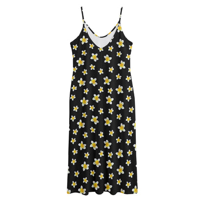 Black Plumeria Flower Pattern Print Jersey Midi Cami Dress