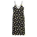 Black Plumeria Flower Pattern Print Jersey Midi Cami Dress