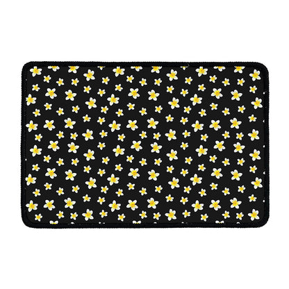 Black Plumeria Flower Pattern Print Kitchen Mat
