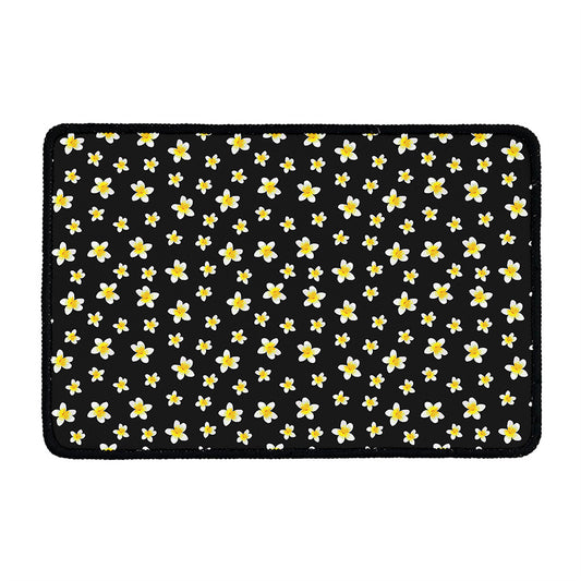 Black Plumeria Flower Pattern Print Kitchen Mat