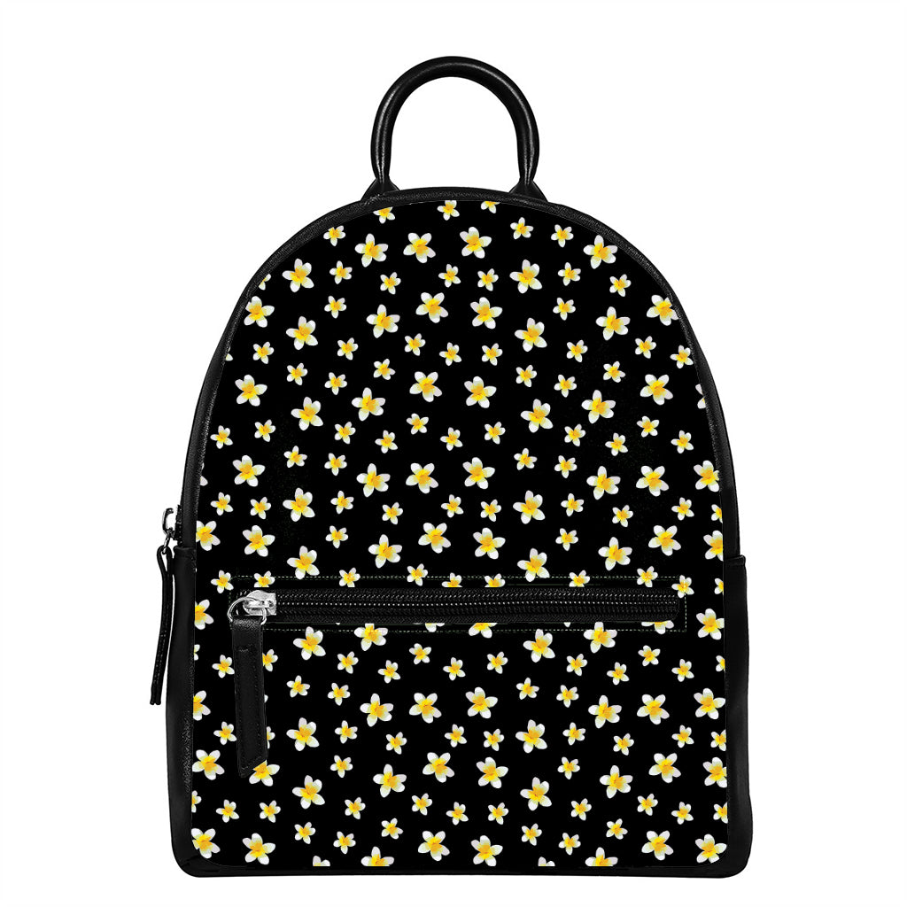 Black Plumeria Flower Pattern Print Leather Backpack