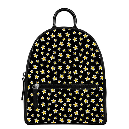 Black Plumeria Flower Pattern Print Leather Backpack