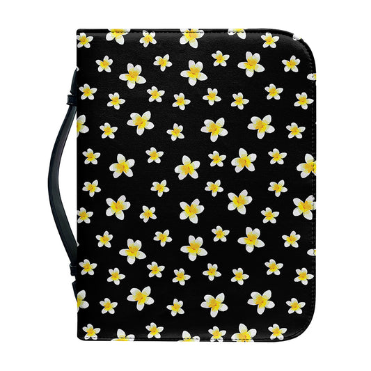 Black Plumeria Flower Pattern Print Leather Bible Cover
