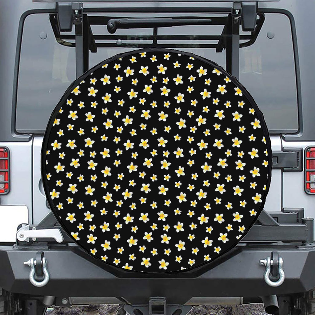 Black Plumeria Flower Pattern Print Leather Spare Tire Cover