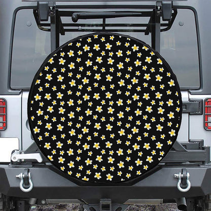 Black Plumeria Flower Pattern Print Leather Spare Tire Cover